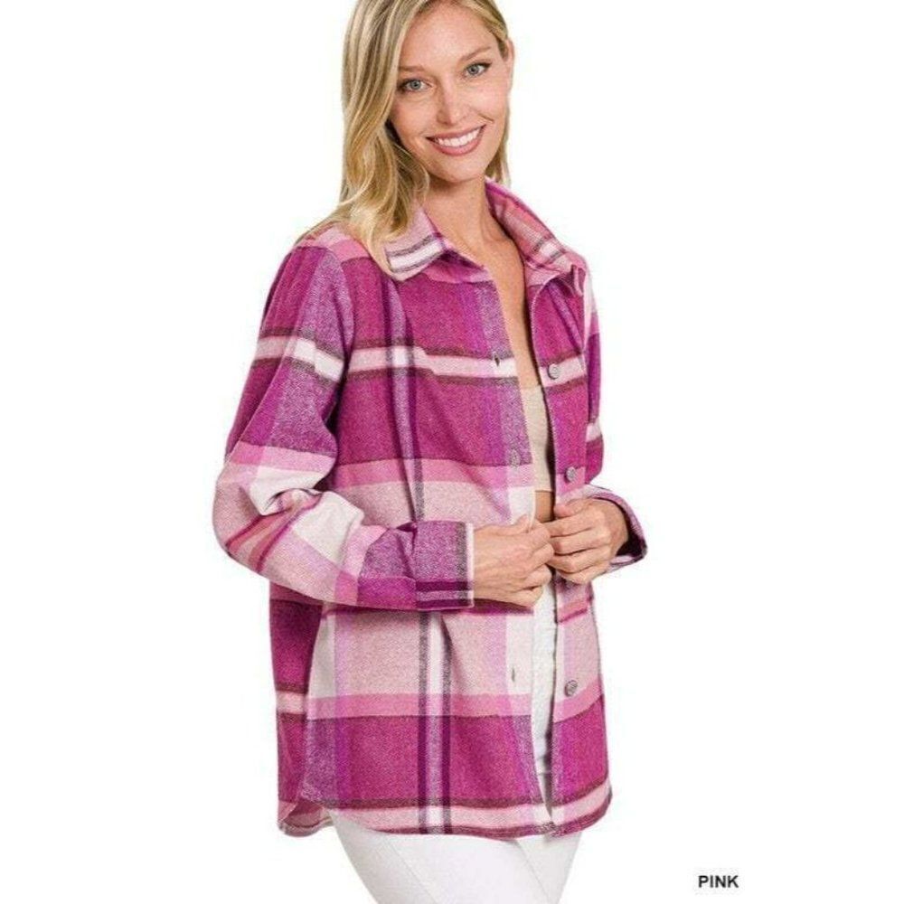 SALE! Zenana Plaid Flannel Shacket in Pink S-L New QJL-1278Y
